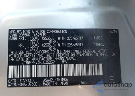 2015 Toyota Rav4 Xle from USA, damaged, VIN JTMWFREV4FJ035239